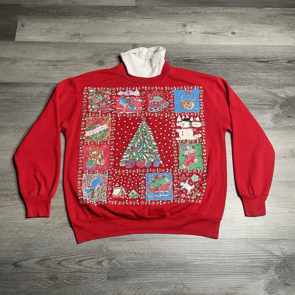 VINTAGE 90s Nutcracker Women’s Sweater Red Christmas Snowman Mock Neck- Large